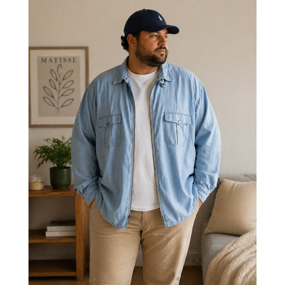 Polo Ralph Lauren Blue Chambray Shirt Jacket 3XLT Full Zip Lightweight Mens